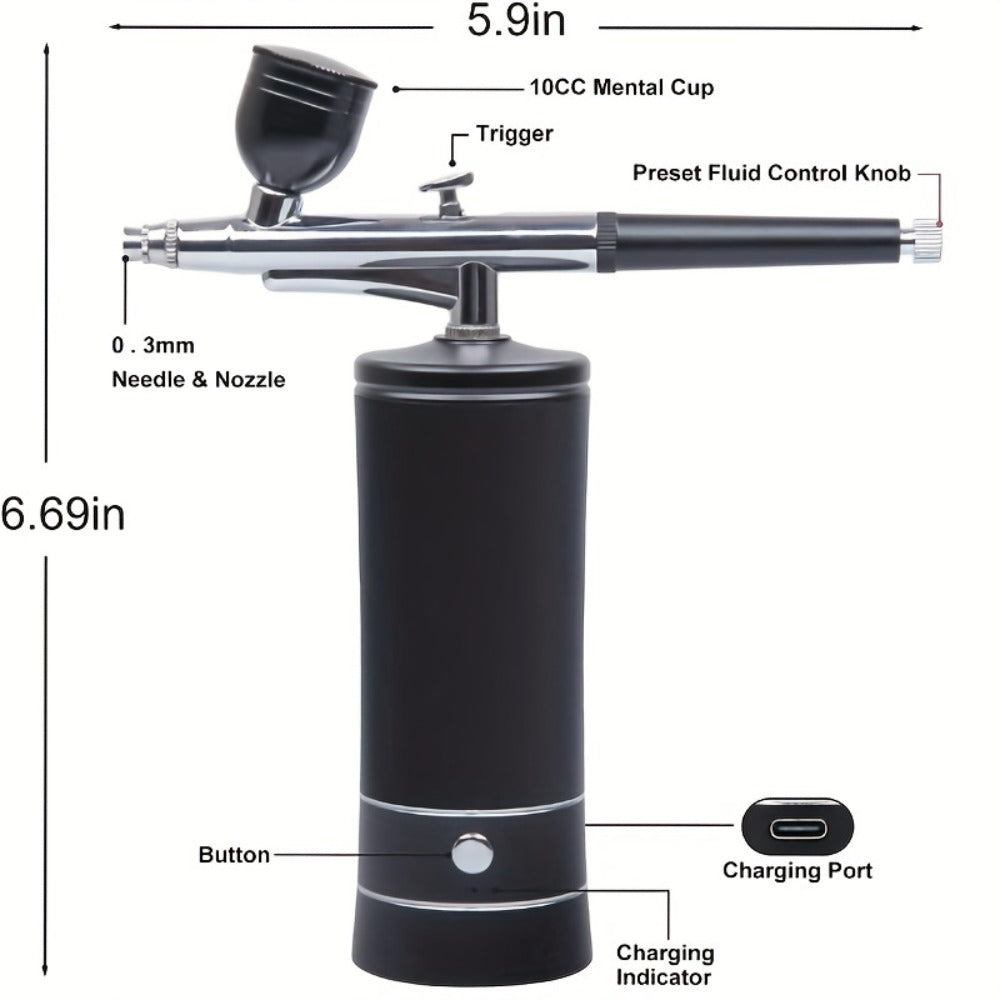 Portable Cordless Airbrush Kit with Compressor 0.3mm Nozzle – USB-C Rechargeable 23-27PSI Airbrush Gun for Makeup Nail Art Ca