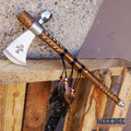 Native American Tomahawk Hatchet Replica 19in, Decorative Peace Pipe Axe with Wooden Handle, Feather & Brass Accents — image 