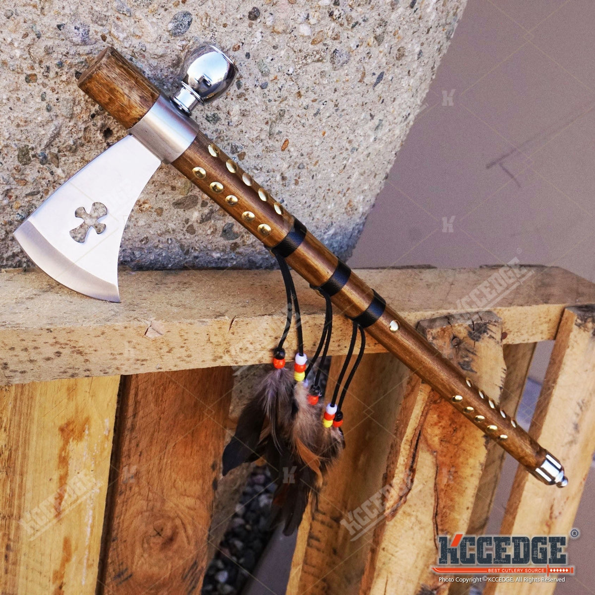 Native American Tomahawk Hatchet Replica 19in, Decorative Peace Pipe Axe with Wooden Handle, Feather & Brass Accents — image 