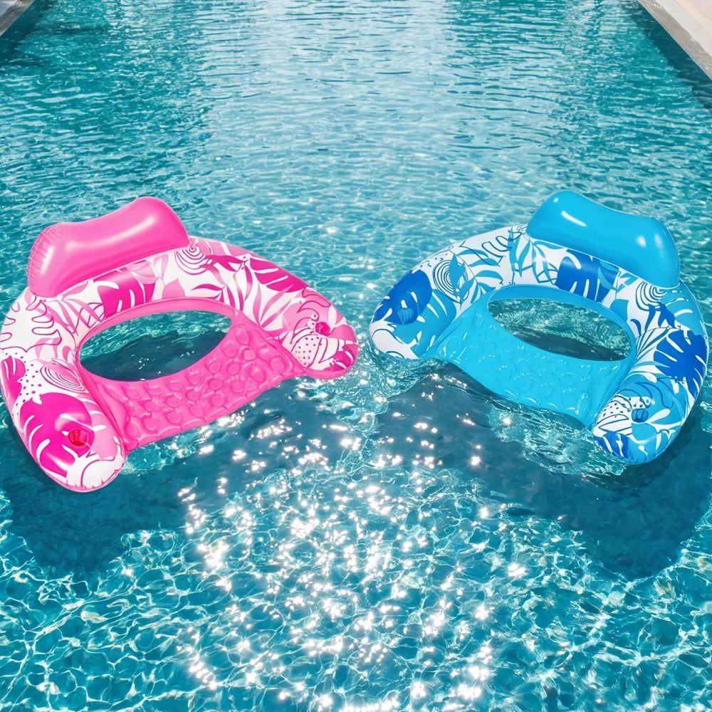 Leaf Print Inflatable Pool Chair Pair with Cup Holders, Blue and Pink 49 x 35 Inch Seats for Adult Lounging — image 4