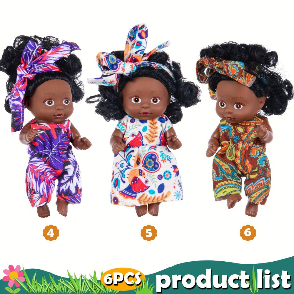 Mini Baby Doll Six-Piece Set with Dark Skin Tones, 4.53-Inch Dolls, Curly Hair and Patterned Outfits — image 5