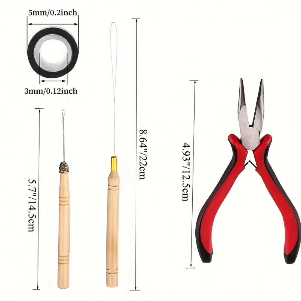 Micro Ring Hair Extension Tools Kit 1500 Rings – Complete Set with Plier, Crochet Hook, Needles, Threader, Rubber Bands, Clip