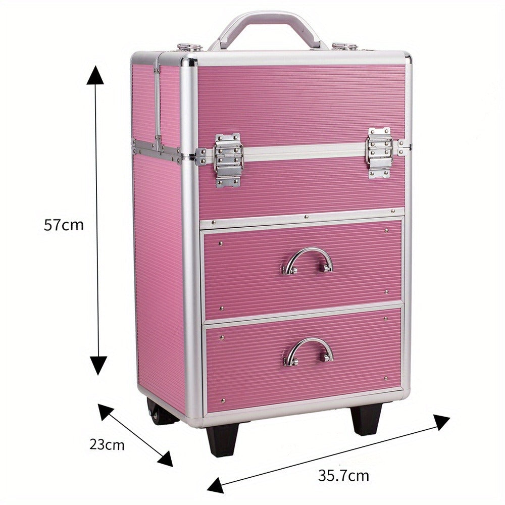 Pink Four-Tier Rolling Makeup Train Case with Fold-Out Top Trays, Two Drawers and Telescoping Handle — image 11