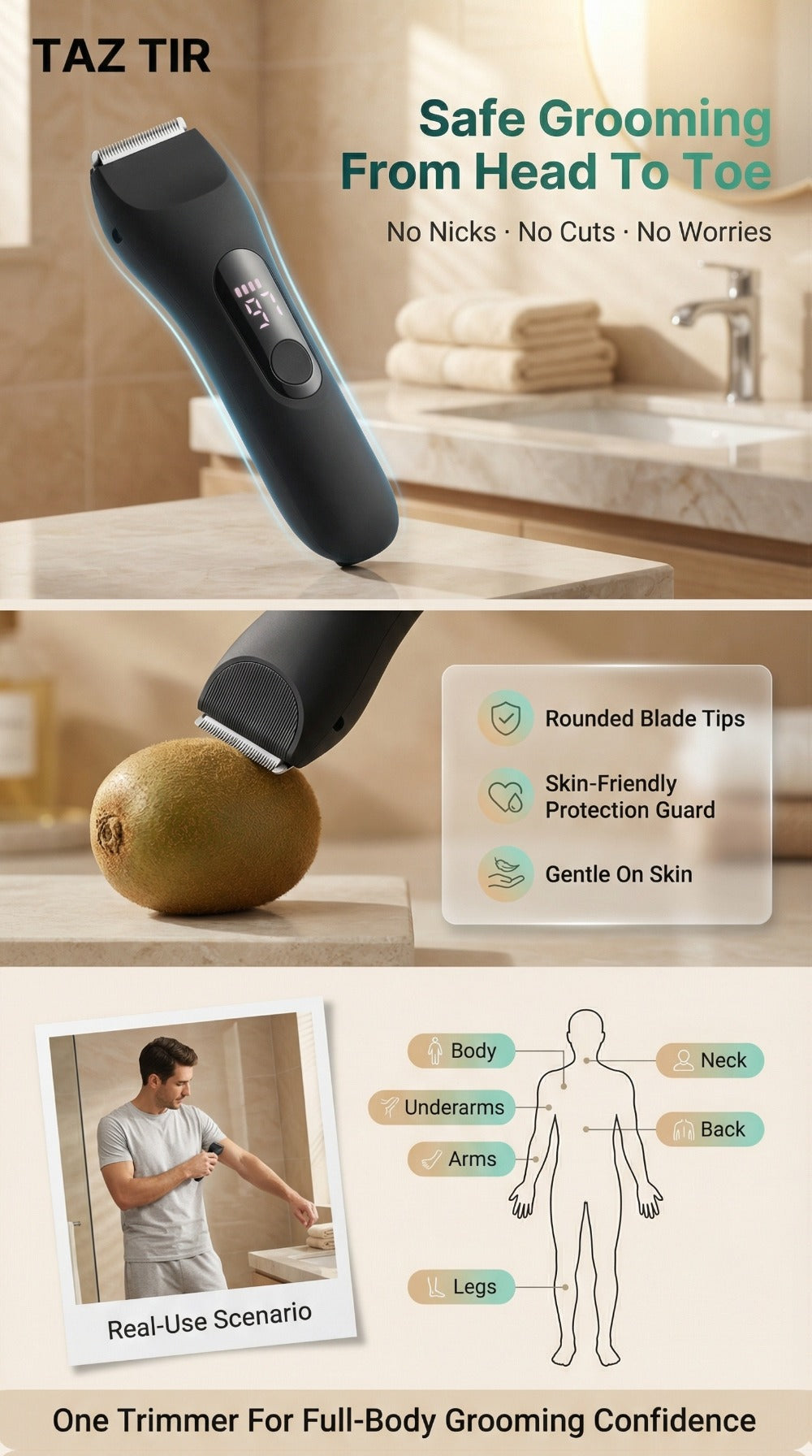 Waterproof Beard Trimmer 5-in-1 Body Grooming Kit for Men IP67 USB Rechargeable Electric Razor with Ceramic Blades LED Displa