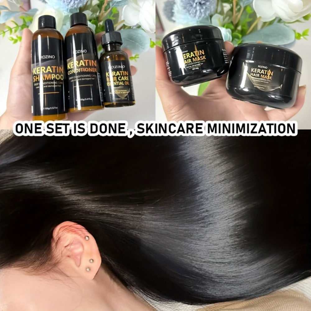 Five-Piece ROZINO Keratin Hair Care Set with Shampoo, Conditioner, Mask and Oil Container Formats — image 4