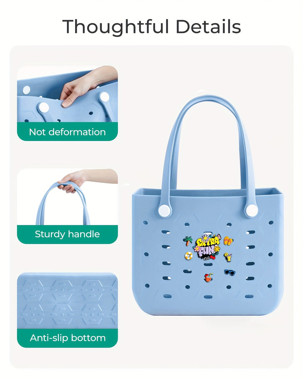 EVA Beach Bag for Women with Drainage Holes Waterproof Tote Bag Summer Outdoor Camping Shopping Travel Bag with Cute Decorati