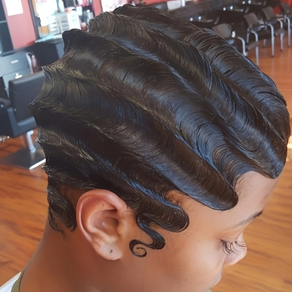 4-Inch Finger Wave Pixie Human Hair Wig with 180% Density, Rose Net Cap and 1B or 613 Color — image 7