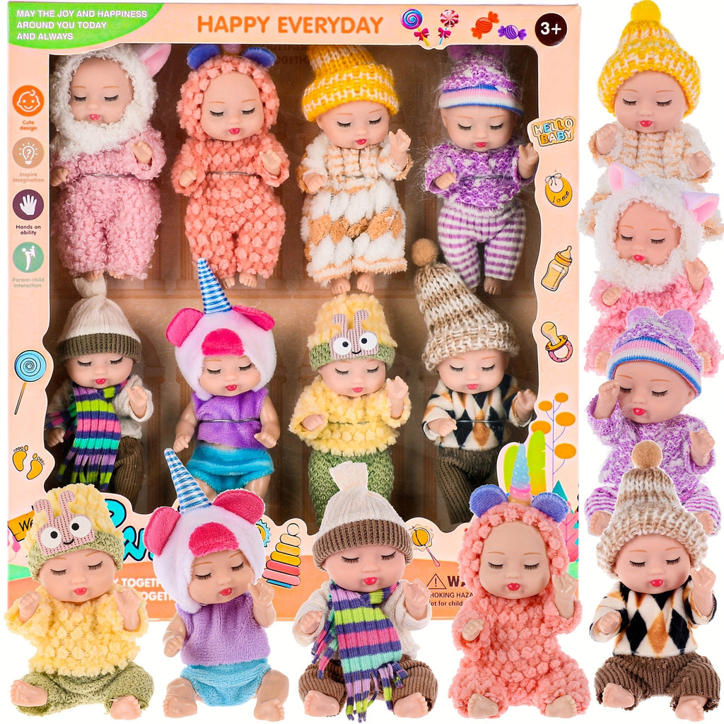 Eight Mini Baby Dolls with 4-Inch Checkout Size, Assorted Knit Animal Outfits and 10.24-Inch Display Box — image 1