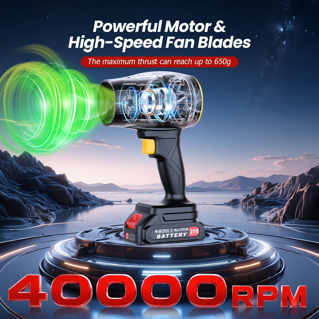 21V Cordless Leaf Blower in Black with 40, 000 RPM Marking, Two Battery Packs, Charger Cable and Nozzle Pieces — image 3
