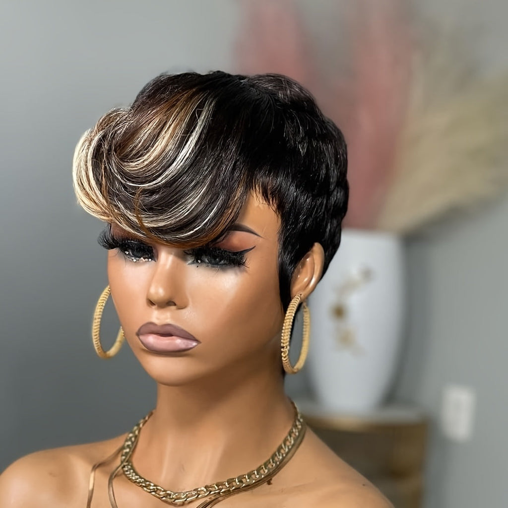 Synthetic Wig 4-Inch Layered Pixie with Bangs, Black-Blonde Look and Rose Net Cap for Daily Style — image 1