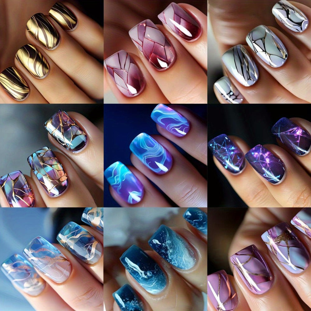 Press On Nails 215-Piece Short Square Nine-Pack Marble Brown Line Gradient Glossy Set with Glue — image 4