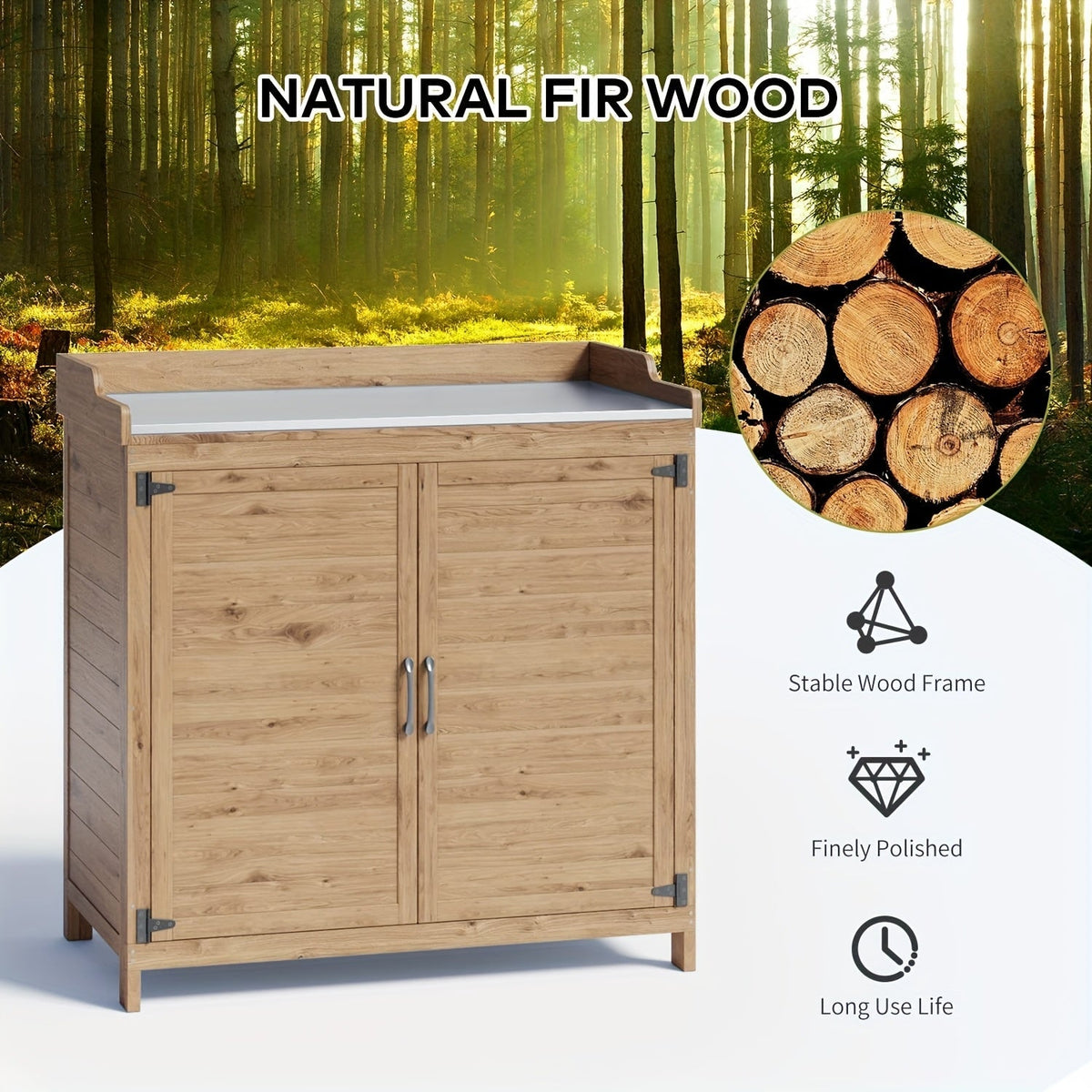 Potting Bench with Storage Cabinet, Outdoor Waterproof Wood Garden Shed Table with Removable Shelves & Doors — image 3