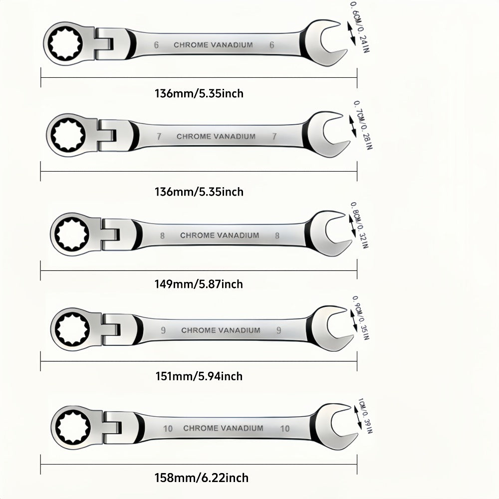 CR-V Flex Head Ratchet Wrench Set 5-Piece – 2-in-1 Reversible Open End & Hex Socket Dual-Purpose Kit | Automotive Engine Bay,