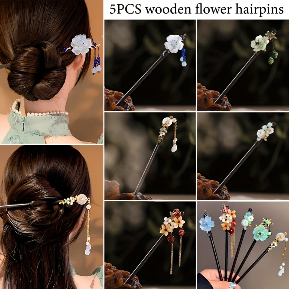 Hair Accessories Five-Piece Wooden Flower Hairpin Set in Mixed Finishes for Buns and Updos — image 11