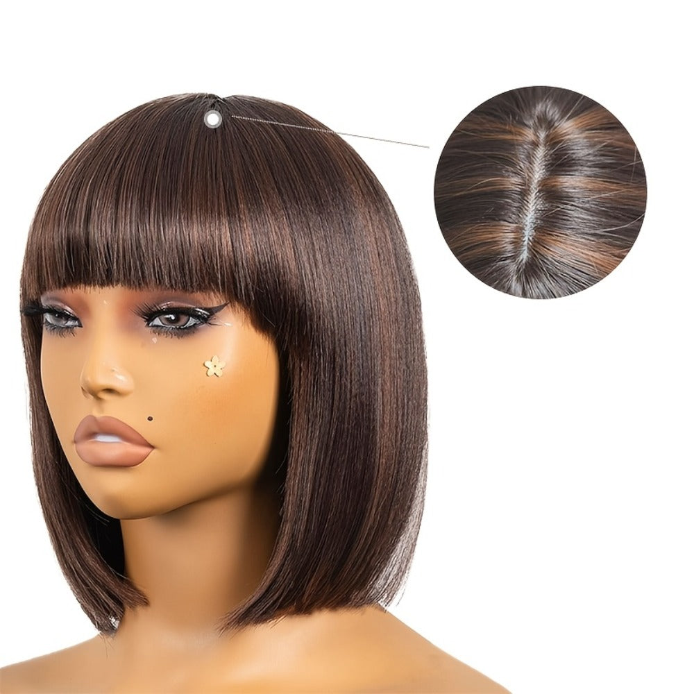 Yaki Straight Bob Wig with Bangs 10 Inch Brown Highlight M4/30 Blunt Cut Heat Resistant Synthetic Short Natural Looking Bob f