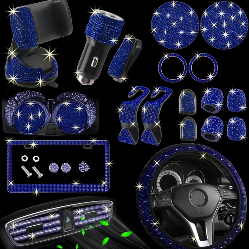 27pcs Bling Car Accessories Set for Women – Steering Wheel Cover 15", Car Coasters, License Plate Frame & Phone Holder — imag
