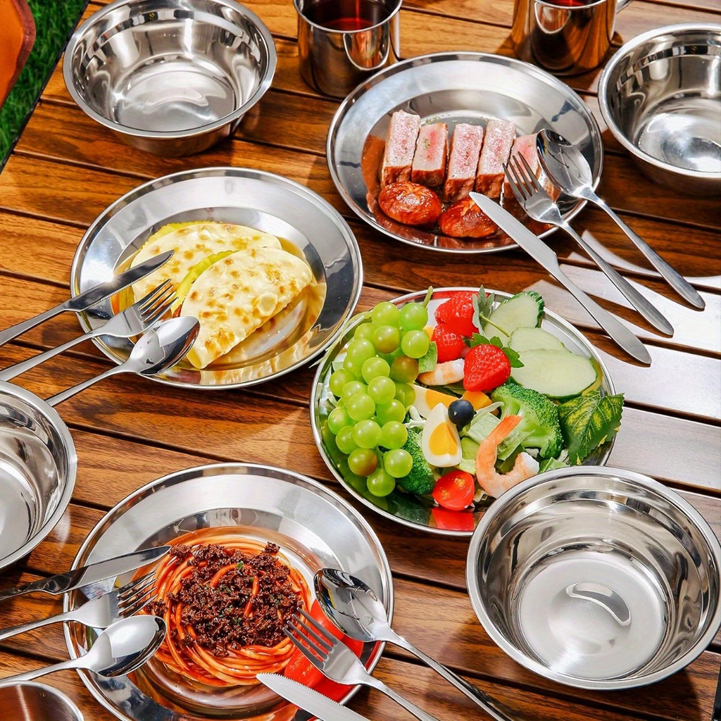 Stainless Steel Camping Mess Kit 29 Piece Dinnerware Set – Plates Bowls Mugs Cutlery, for Camping, Travel and Outdoor Use — i