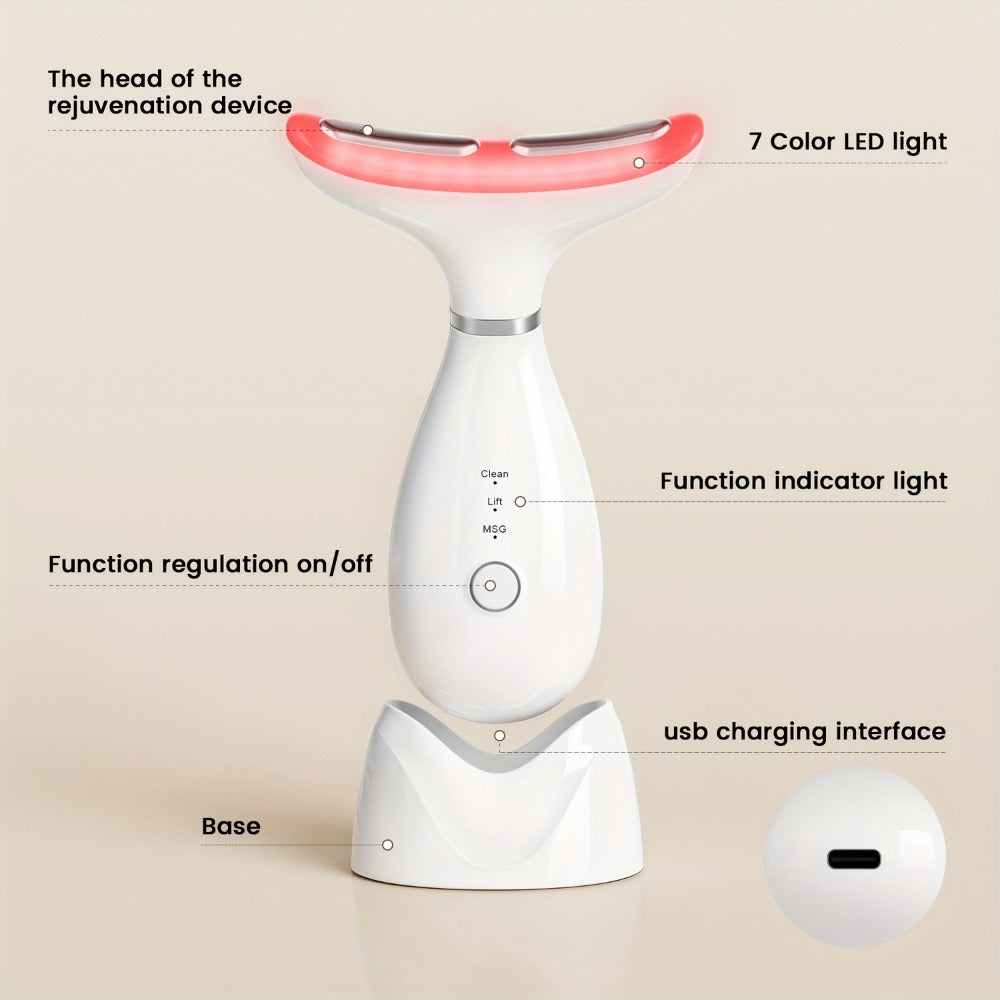 LED Neck Massager 7-Color Light Therapy Vibrating Face & Neck Device, USB Rechargeable Portable Electric Facial Massage Tool 