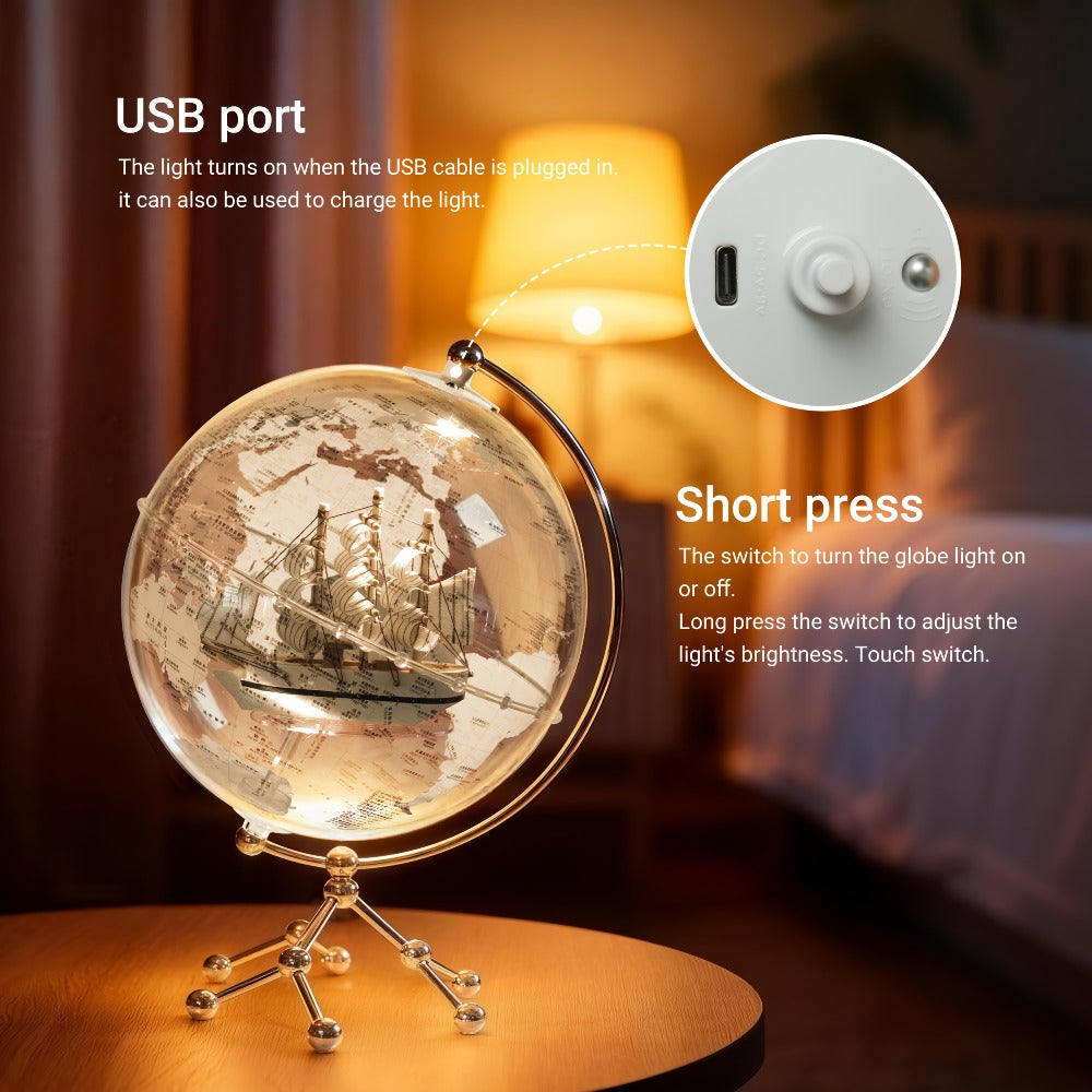 LED Lighted Globe for Kids & Adults 7.87 Inch Clear Acrylic Earth Globe Warm White Light Metal Stand Detailed World Map | Des
