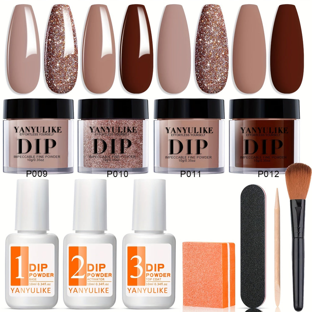Dip Powder Nail Kit with YANYILIKE Label, Four Pink Brown Beige Powders, Three 10ml Liquids and Four Tools — image 8