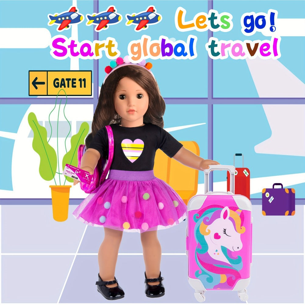 18 Inch Doll Travel Accessories Set 25 Pcs, Unicorn Suitcase Roller Skates Backpack Outfit Hairpins School Supplies — image 6