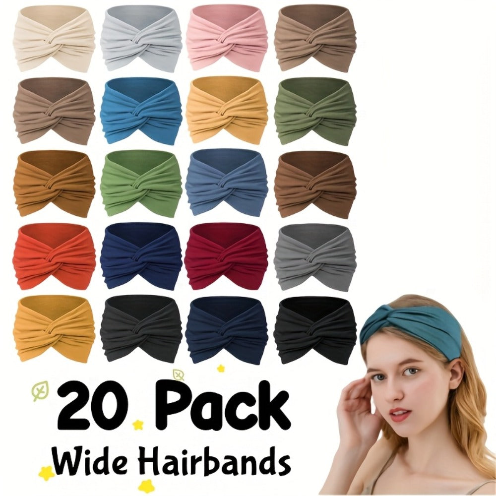 Stretchy Headbands 20 Pack for Women & Men – Soft Sweat-Wicking Non-Slip Elastic Turban Knot Hair Wraps Breathable Solid Colo