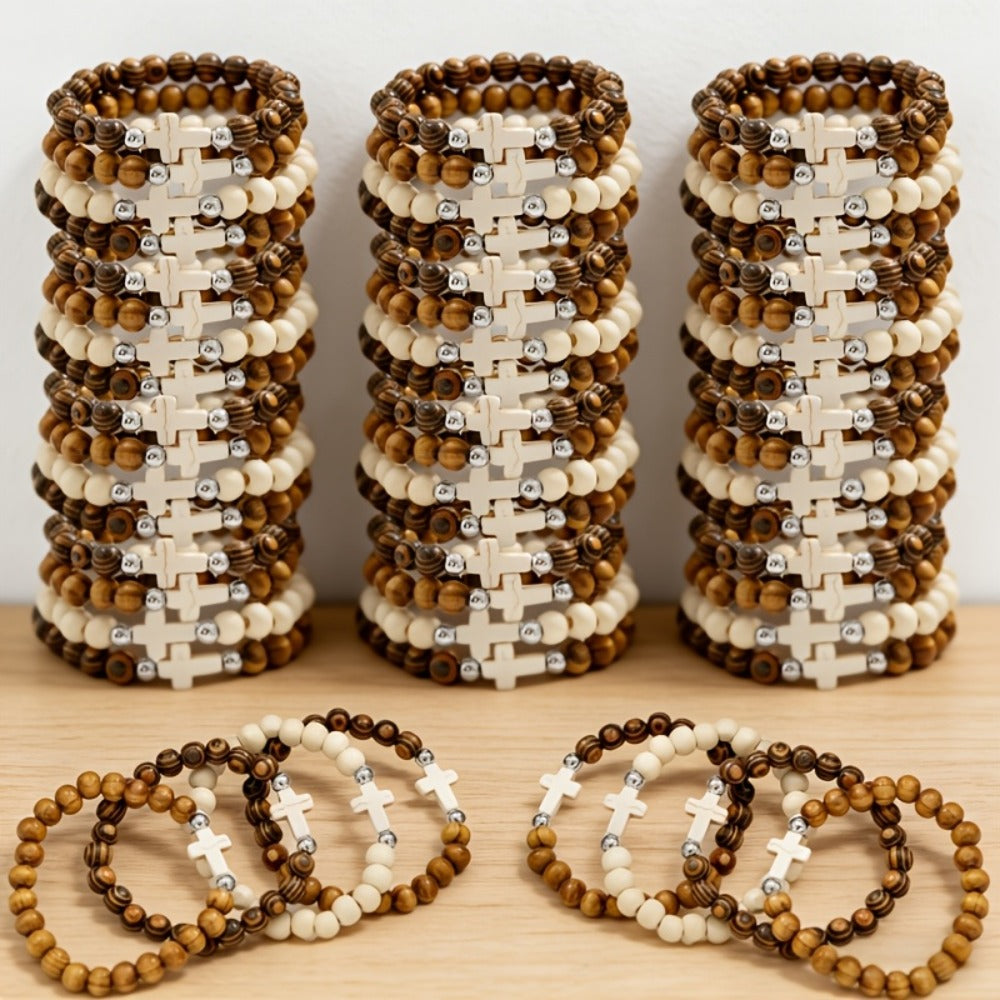 Cross Bracelets Bulk for Baptism Party Favors, 20/40PCS Vintage Ethnic Alloy Cross Pendant Woven Elastic Bracelets — image 1