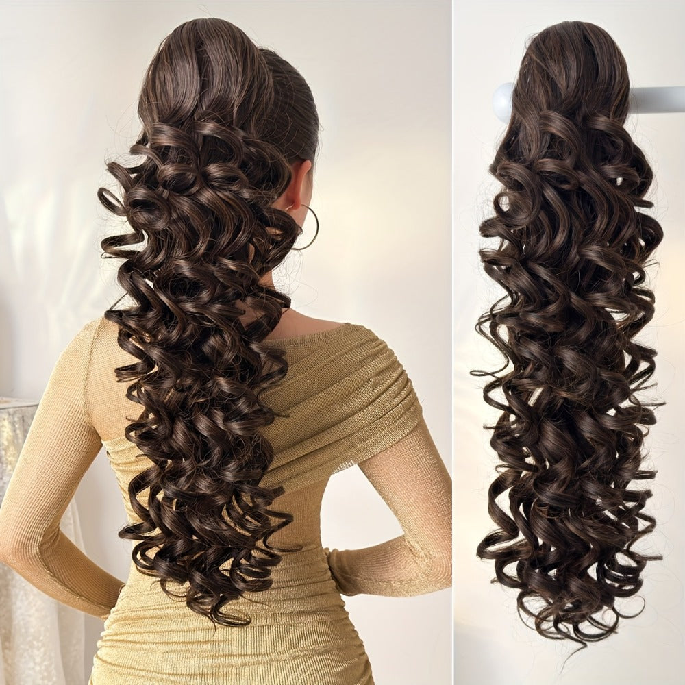 Curly Ponytail Extension 28 Inch Long Heat Resistant Synthetic Clip In Wrap Around Hairpiece Voluminous Bouncy Curls 4 Styles