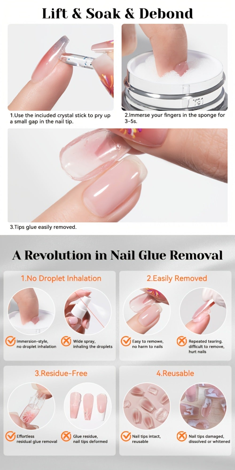 Press On Nail Debonder Remover 80ml – Fast 3-5 Second Soak-Off Liquid for False Tips, Rhinestone Glue Remover, No Damage Easy
