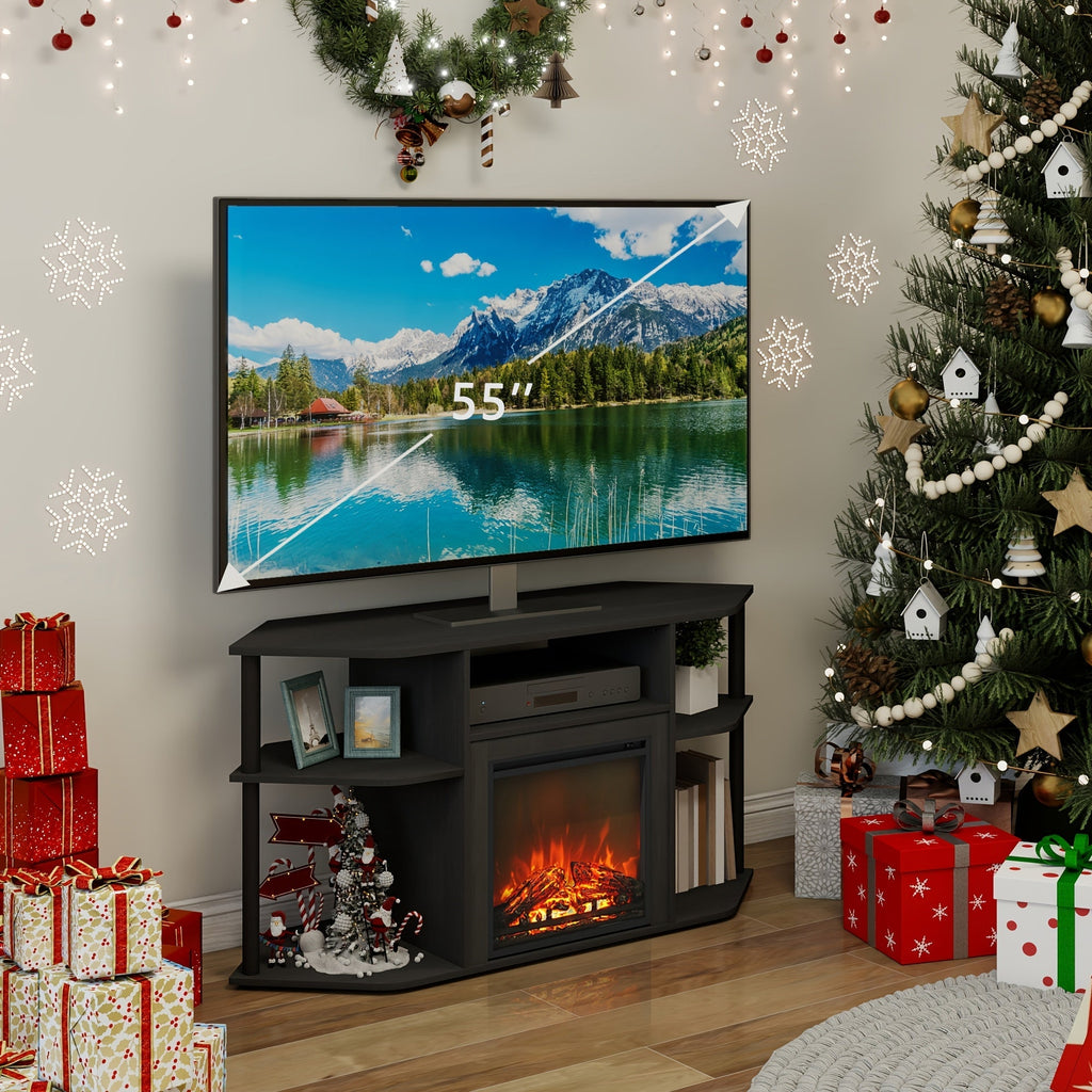 Corner TV Stand with Electric Fireplace, 55" Entertainment Center with Open Storage Shelves & Decorative Plastic Poles — imag
