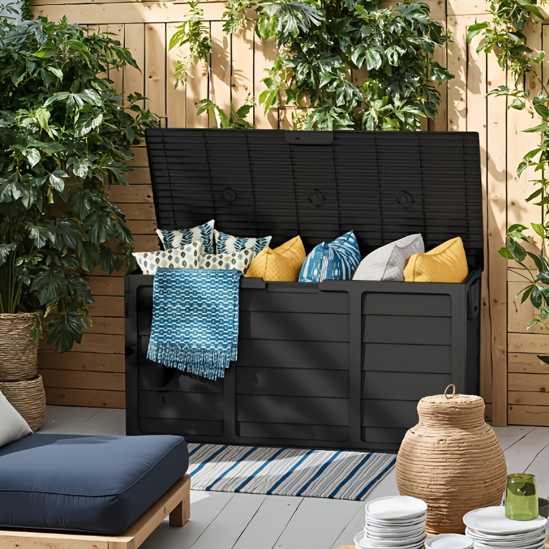 75-Gallon Low-Profile Outdoor Storage Box in Black with Hinged Lid, Side Handles and 41.4 x 18 x 21.3-Inch Size — image 1