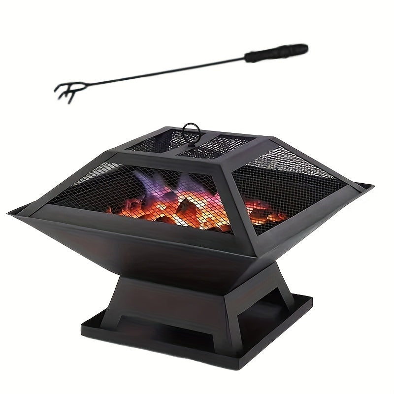 18.5-Inch Black Square Fire Pit and Grill with Mesh Pyramid Cover, Cooking Grate and Long Poker — image 1