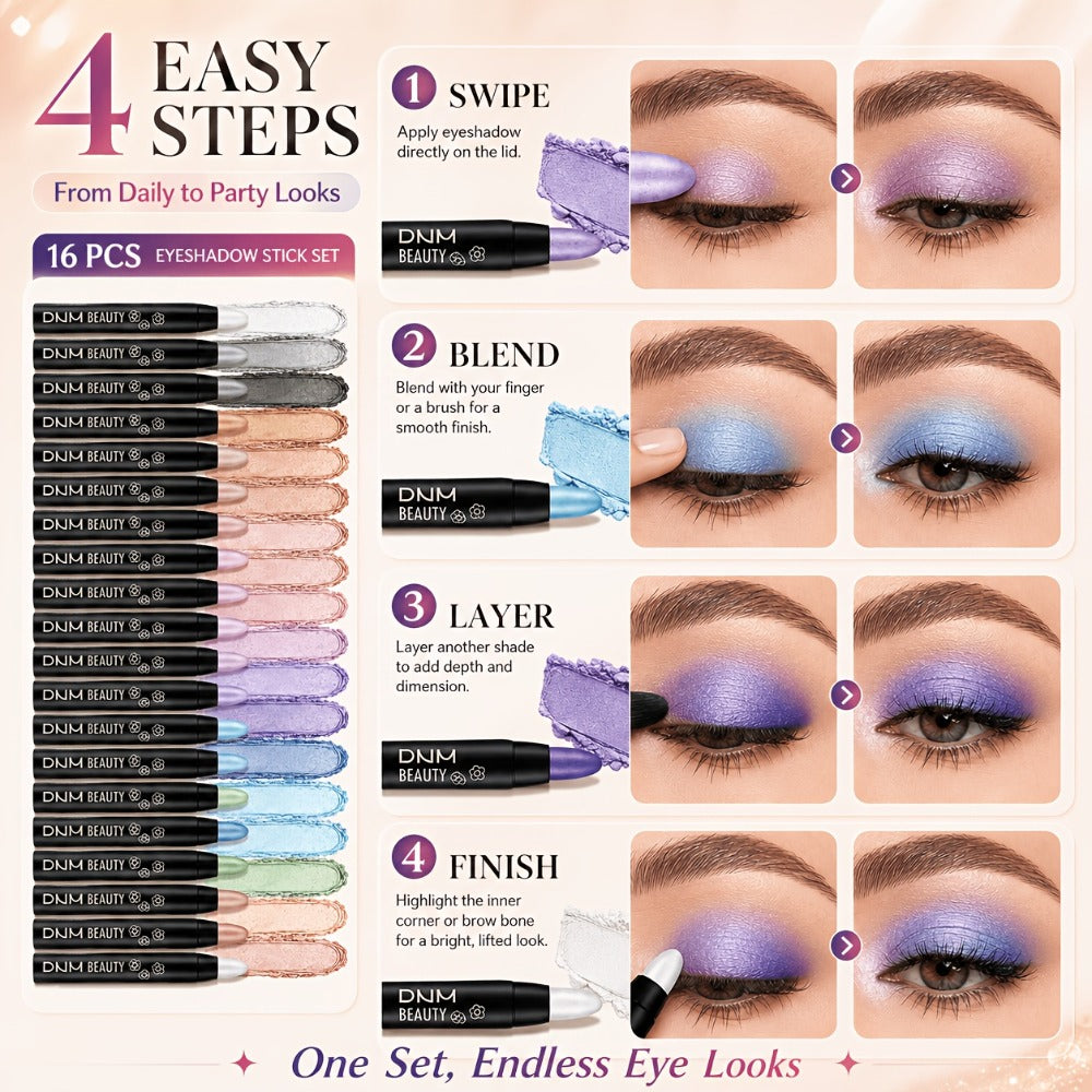 Highly Pigmented Eyeshadow Stick Set 16 Colors Waterproof Matte & Shimmer Eye Makeup Pencil Kit — image 6