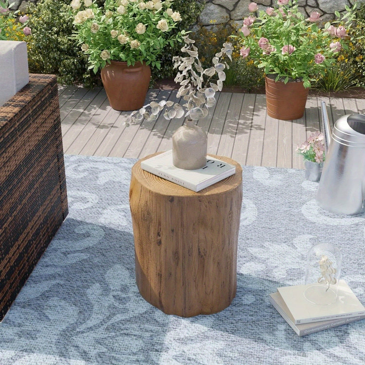 Outdoor Side Table Faux Wood Tree-Stump Design in Magnesia with Cylindrical Form and Brown Finish — image 3