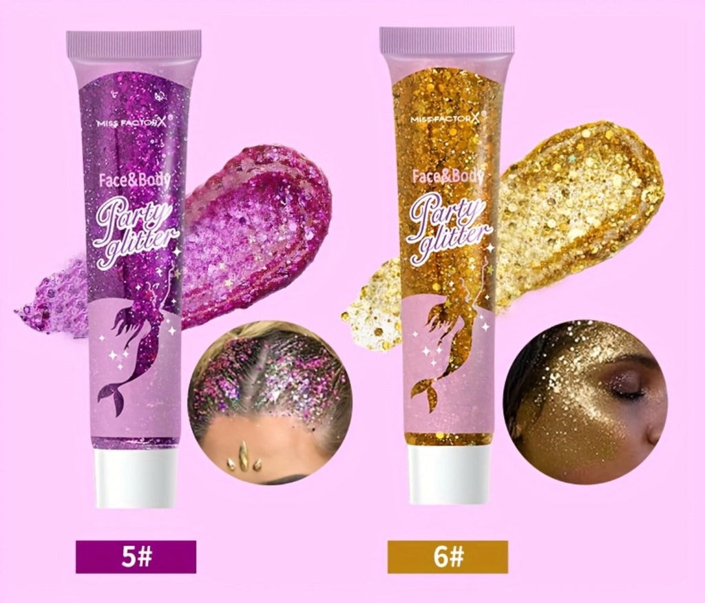 Face Body Glitter Gel Set 30 Pieces – Colorful Shapes Mermaid Sequin Stars Hearts, Transparent Gel Base, Skin-Safe Shimmer Ma