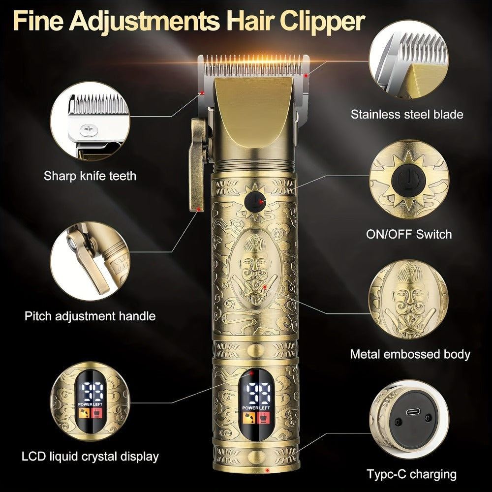 Cordless Hair Clipper & Trimmer Kit for Men – Professional Rechargeable Grooming Set, Golden Edition, Wireless Fade Clipper w