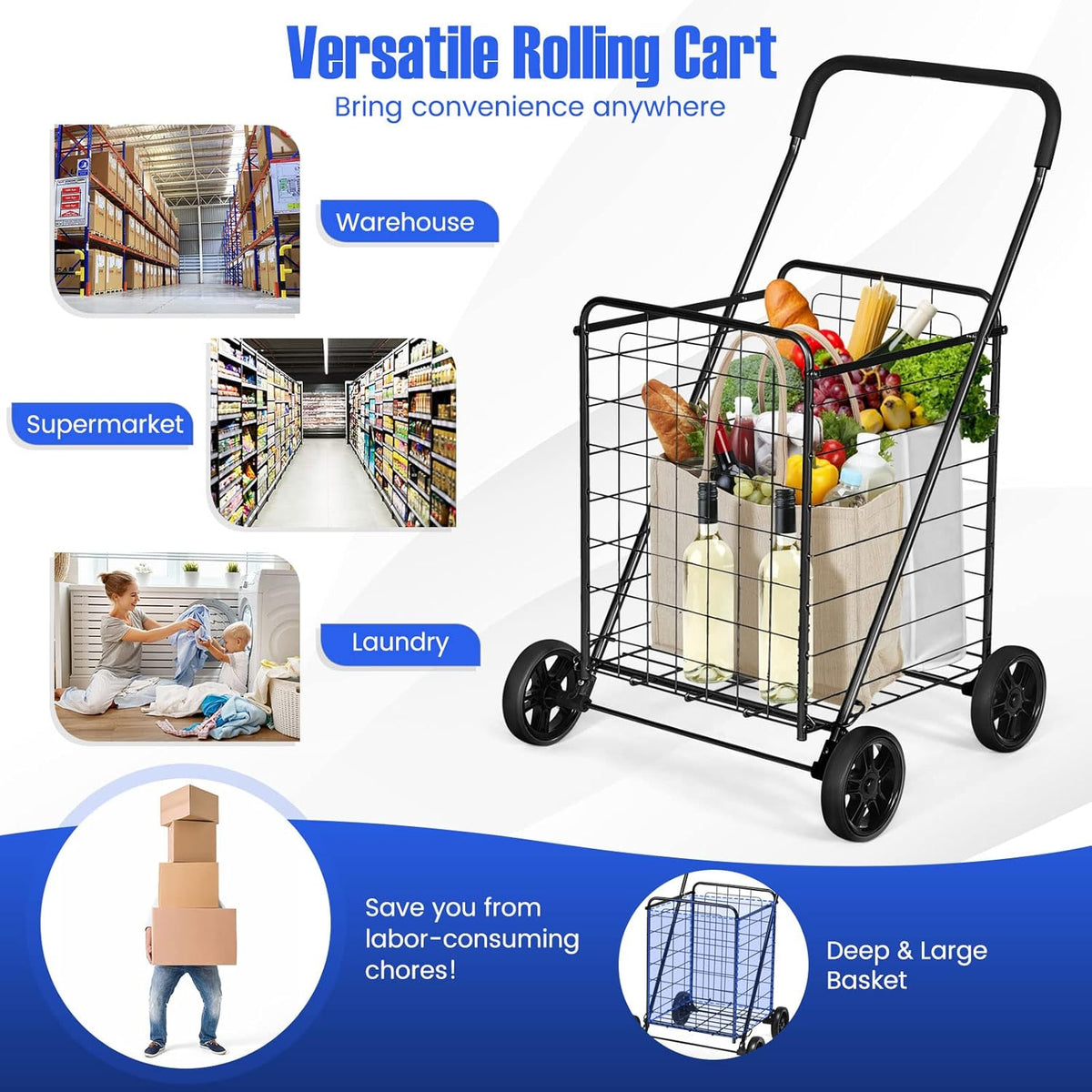 Rolling Shopping Cart Metal Basket, Foldable Grocery Utility Cart with Foam Handle Large Wheels 22 Gal for Supermarket Laundr