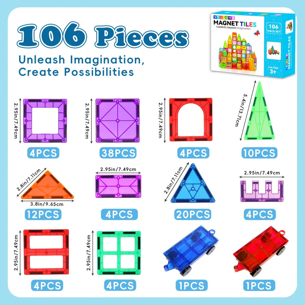 Magnetic Tiles for Kids 106/136pcs with 2 Toy Cars – STEM Approved Educational Magnet Building Blocks Set Stacking Puzzle Toy