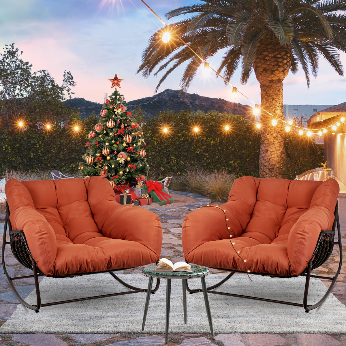 Papasan Rocking Chair Outdoor Wicker Egg Chair with Cushion & Pillow, Large Patio Rocker for Garden — image 3