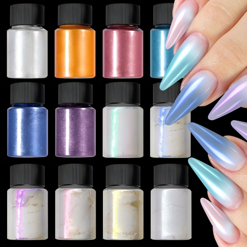 Aurora Nail Powder 12 Colors Chrome Pearl Glitter Neon Dust Holographic Iridescent Pigment Set for Chrome — image 2