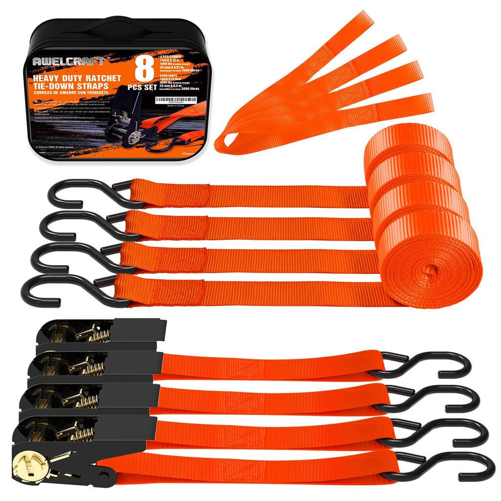 Ratchet Tie Down Straps 4-Pack 15FT 1, 500 lb Break Strength Heavy Duty with Soft Loops & Storage Bag – High-Visibility Webbi