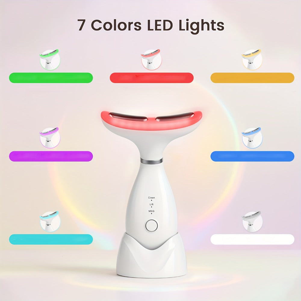 LED Neck Massager 7-Color Light Therapy Vibrating Face & Neck Device, USB Rechargeable Portable Electric Facial Massage Tool 