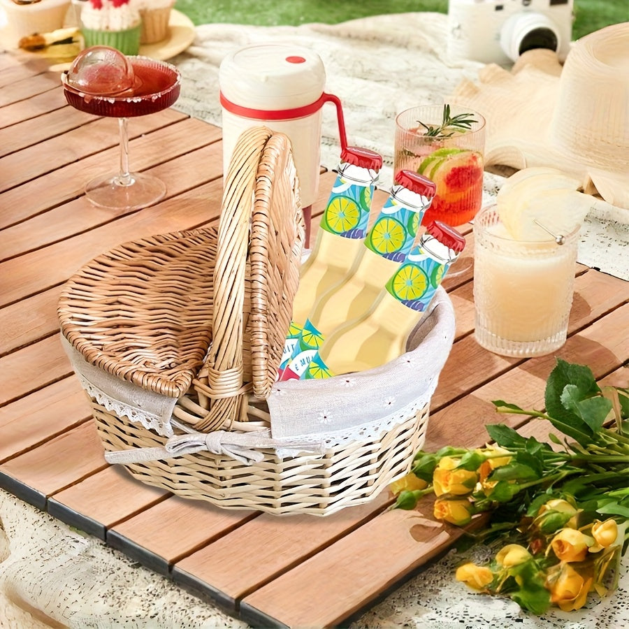Covered Wicker Picnic Hamper with Twin Lid Panels in Red Plaid or Daisy Pattern Textile Styles — image 8