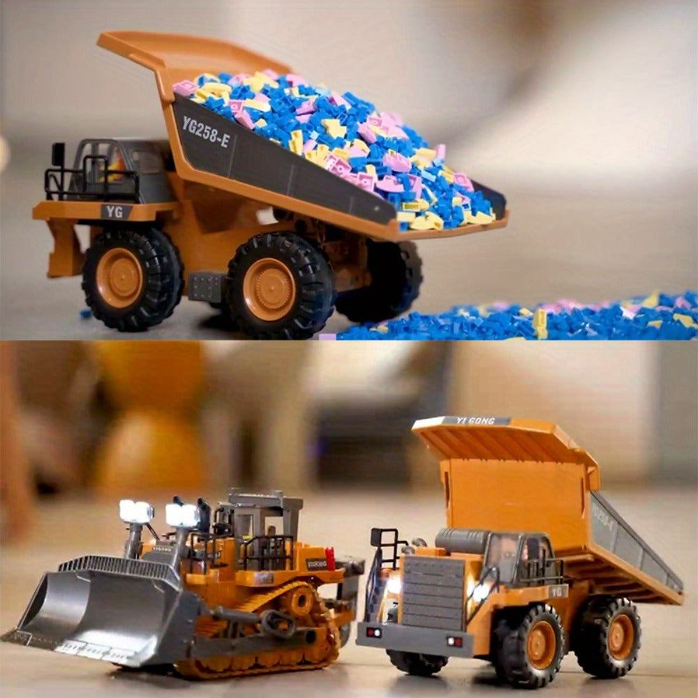 RC Construction Vehicle Toy Set 2.4GHz Remote Control Excavator Bulldozer Dump Truck Loader with Alloy Head LED Lights & Soun