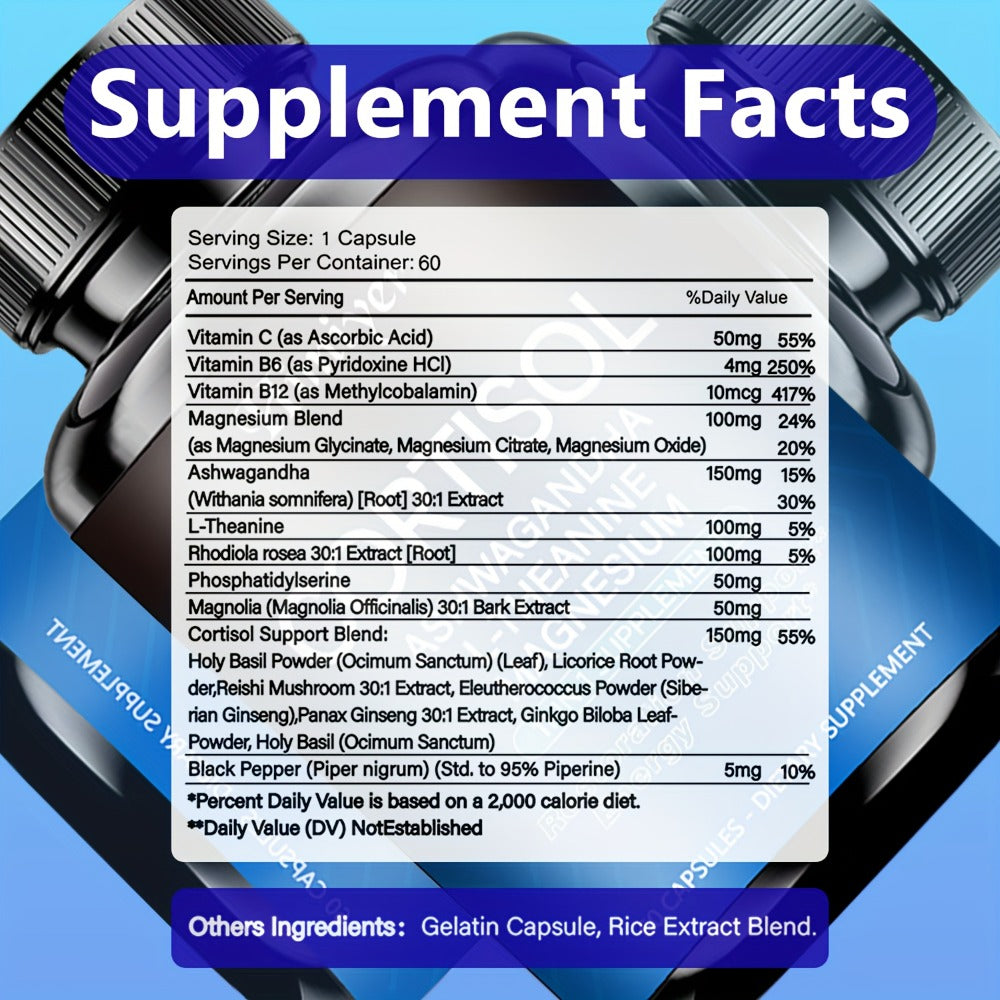 Rhodiola Ashwagandha Stress Capsules with L-Theanine & Magnesium, Cortisol Balance, Deep Sleep & Mood Support Supplement for 