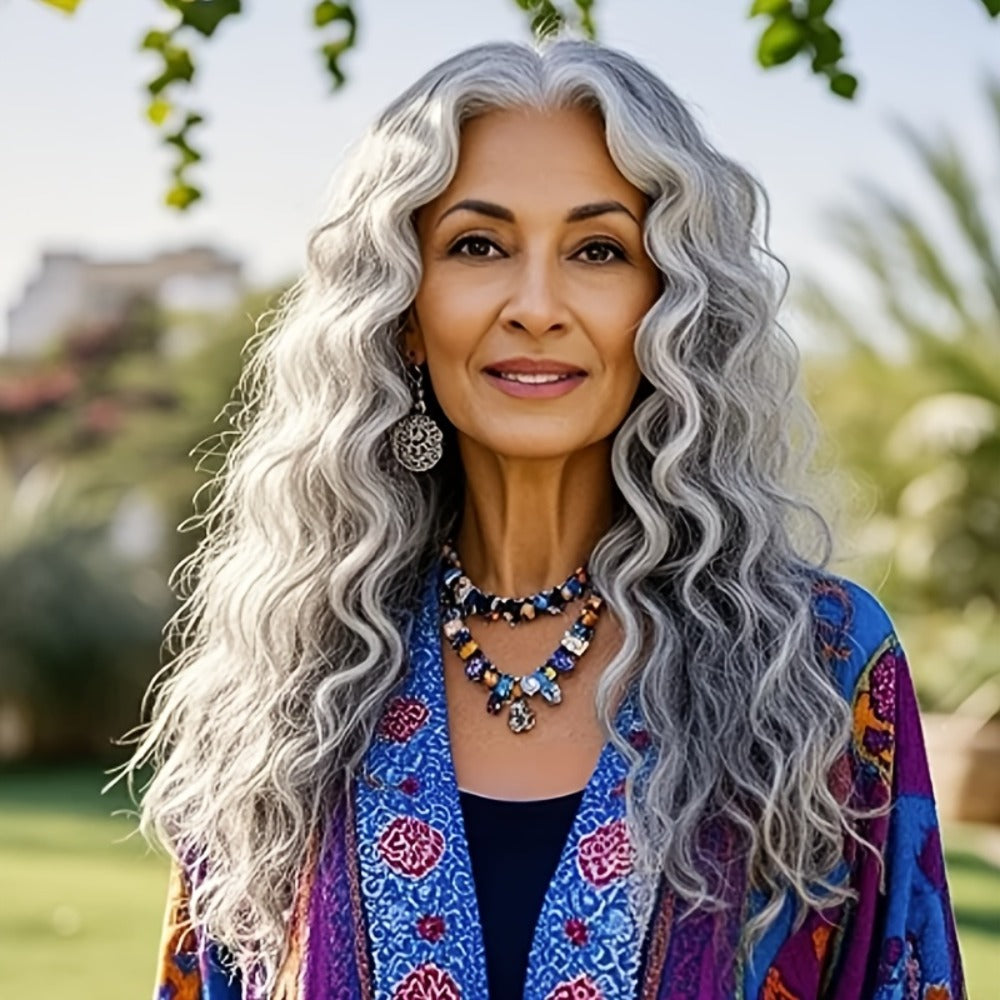 Synthetic Wig 24-Inch Space Gray Deep Waves with Glueless Buckle Cap and Rating with Item-Specific Color, Length, Texture and