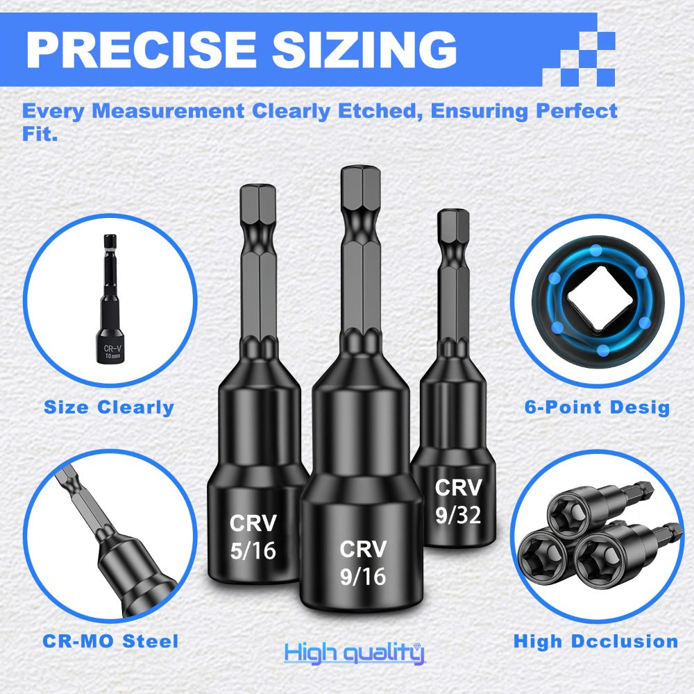 Magnetic Nut Driver Set 15-Piece 1/4" Hex Shank – SAE 1/4" to 9/16" & Metric 6-14mm Chrome Vanadium Steel Impact Nut Drivers 