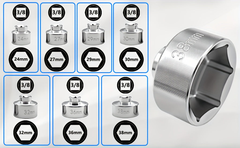 7-Piece Oil Filter Wrench Socket Set – CR-V Steel Hexagonal Cap Wrenches 24mm to 38mm, 3/8-Inch Drive, Universal Fit for Car 