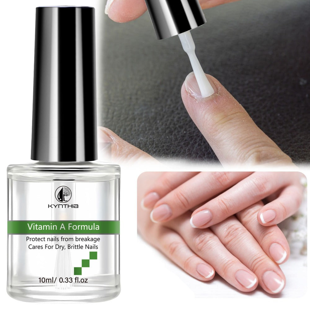Clear 10 ml Nail Care Bottle with Black Cap, Green Vitamin A Label and Attached Brush Applicator — image 1
