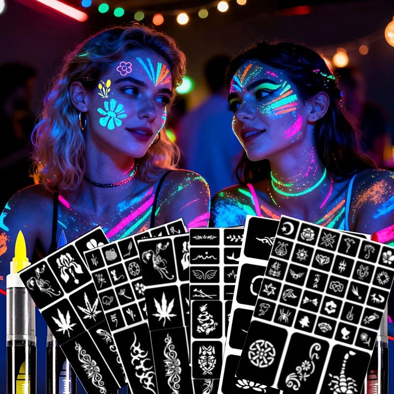 Face Body Paint Pen Set 8 Colors with 105 Tattoo Stencils, Glow in the Dark Neon UV Blacklight Face Paint — image 13